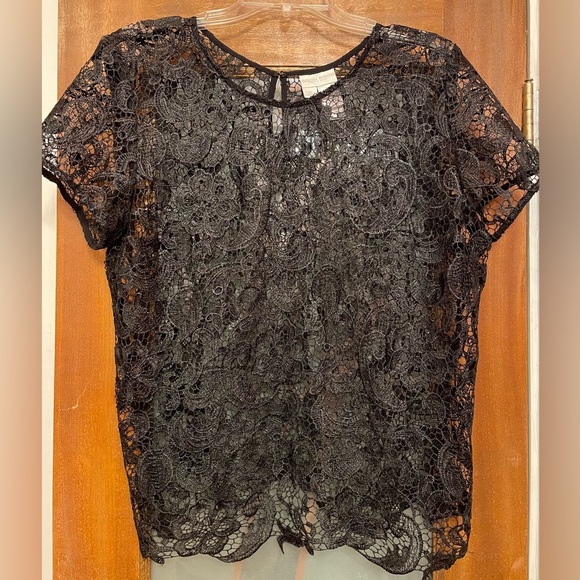Bisou Bisou Women Black Crochet Mesh Lace SS Blouse Top Shirt XL - Picture 1 of 6